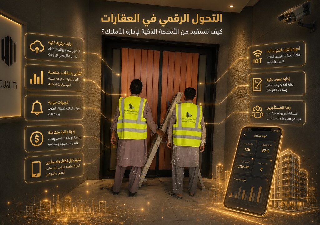 التحول الرقمي في العقارات: كيف تستفيد من الأنظمة الذكية لإدارة الأملاك؟ إدارة الأملاك بالأنظمة الذكية والتحول الرقمي في العقارات لتقارير وإشغال أفضل